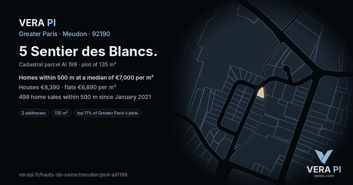 5 Sentier des Blancs, Meudon at night – the plot lit, the parcels around coloured by the prices near them