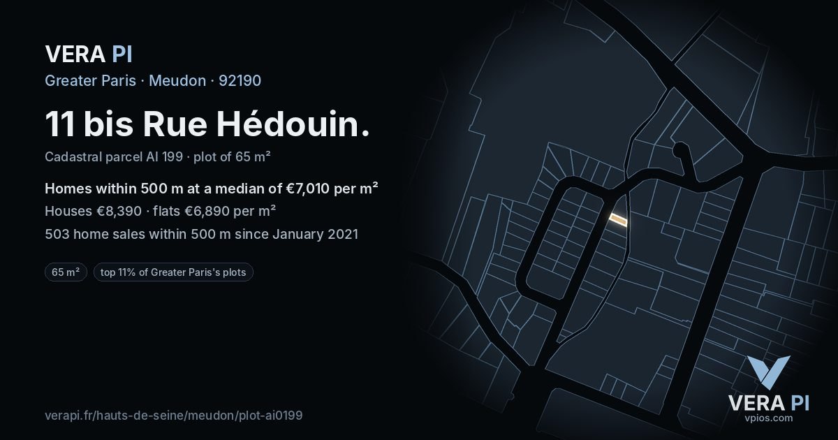 11 bis Rue Hédouin, Meudon at night – the plot lit, the parcels around coloured by the prices near them
