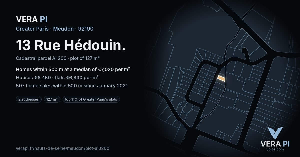 13 Rue Hédouin, Meudon at night – the plot lit, the parcels around coloured by the prices near them