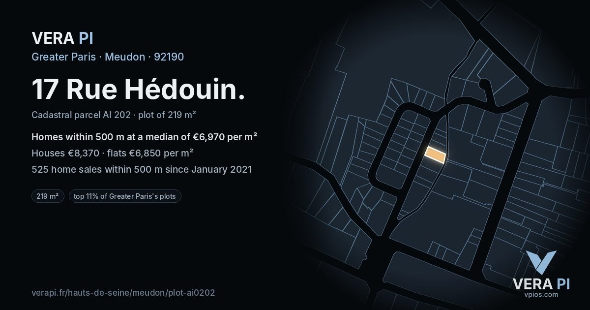 17 Rue Hédouin, Meudon at night – the plot lit, the parcels around coloured by the prices near them