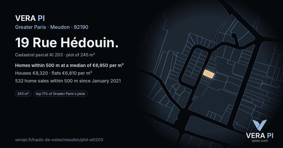 19 Rue Hédouin, Meudon at night – the plot lit, the parcels around coloured by the prices near them