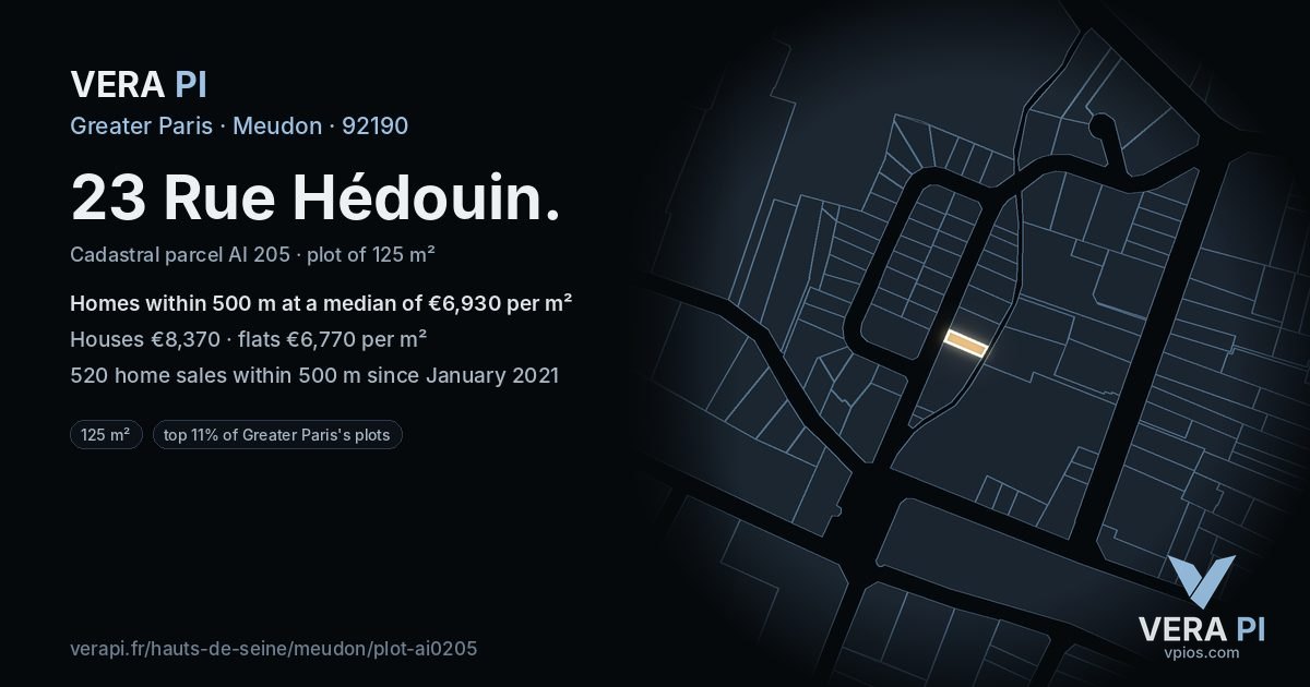 23 Rue Hédouin, Meudon at night – the plot lit, the parcels around coloured by the prices near them