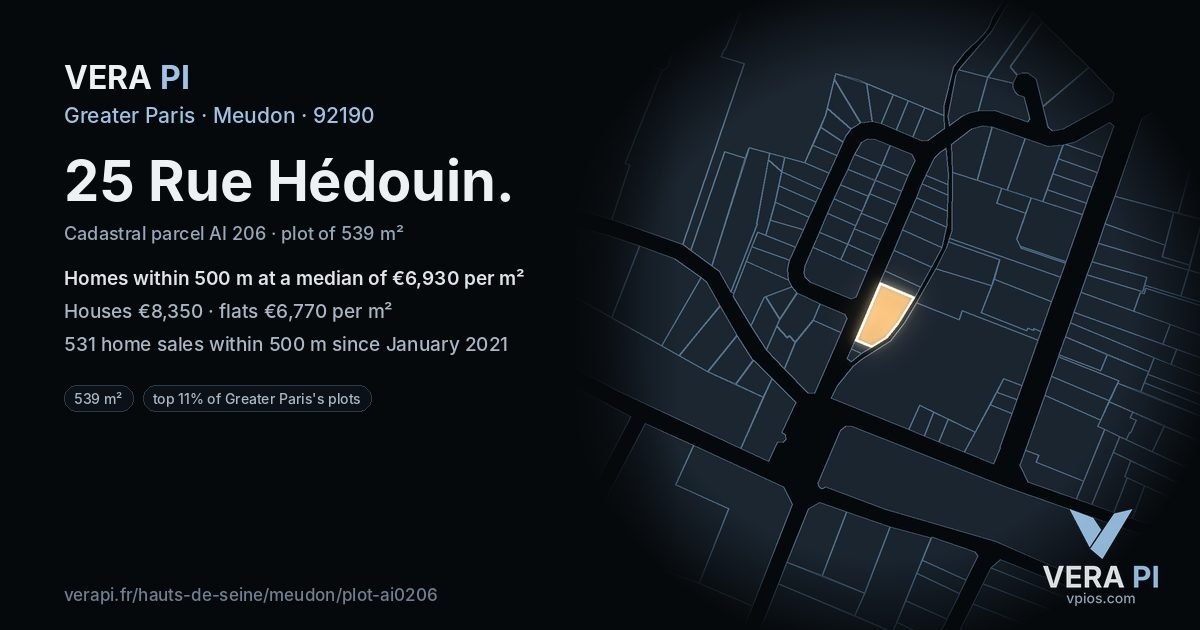 25 Rue Hédouin, Meudon at night – the plot lit, the parcels around coloured by the prices near them