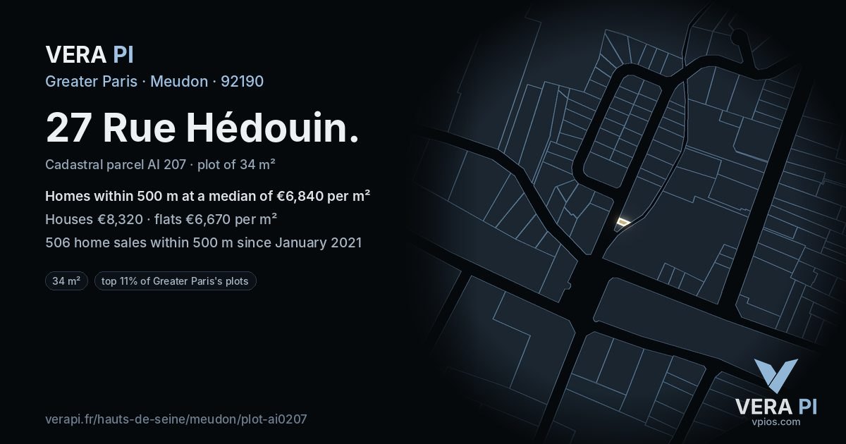 27 Rue Hédouin, Meudon at night – the plot lit, the parcels around coloured by the prices near them
