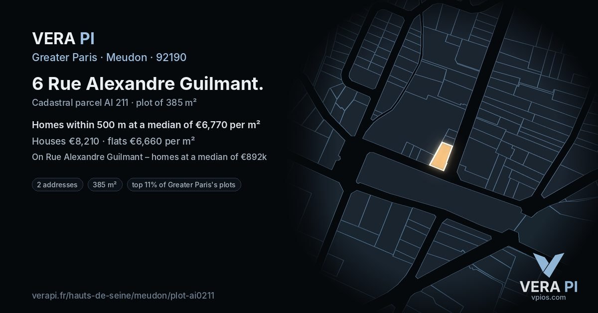 6 Rue Alexandre Guilmant, Meudon at night – the plot lit, the parcels around coloured by the prices near them