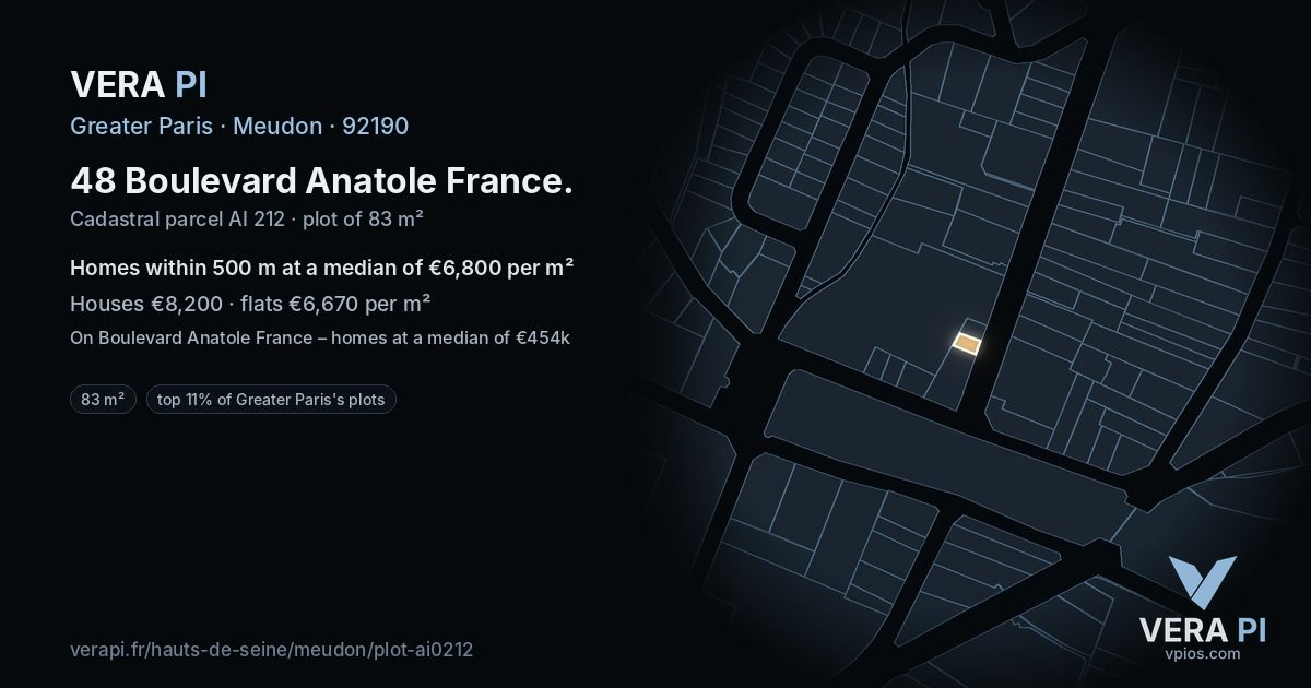 48 Boulevard Anatole France, Meudon at night – the plot lit, the parcels around coloured by the prices near them