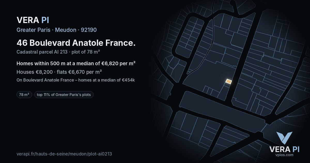 46 Boulevard Anatole France, Meudon at night – the plot lit, the parcels around coloured by the prices near them
