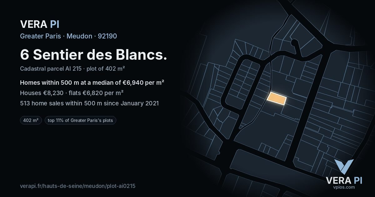6 Sentier des Blancs, Meudon at night – the plot lit, the parcels around coloured by the prices near them