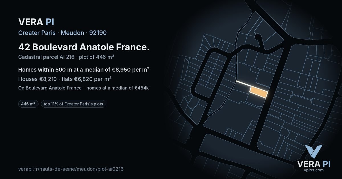 42 Boulevard Anatole France, Meudon at night – the plot lit, the parcels around coloured by the prices near them