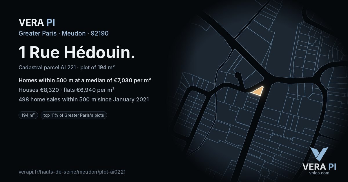 1 Rue Hédouin, Meudon at night – the plot lit, the parcels around coloured by the prices near them