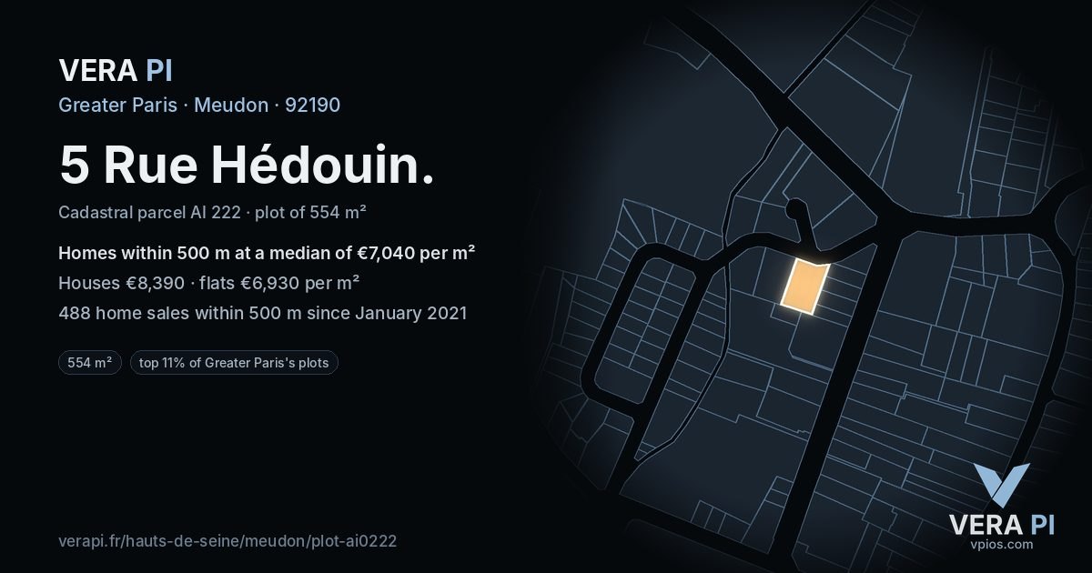 5 Rue Hédouin, Meudon at night – the plot lit, the parcels around coloured by the prices near them