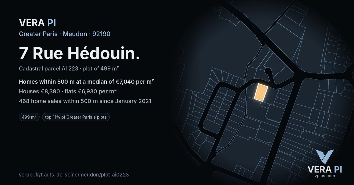 7 Rue Hédouin, Meudon at night – the plot lit, the parcels around coloured by the prices near them