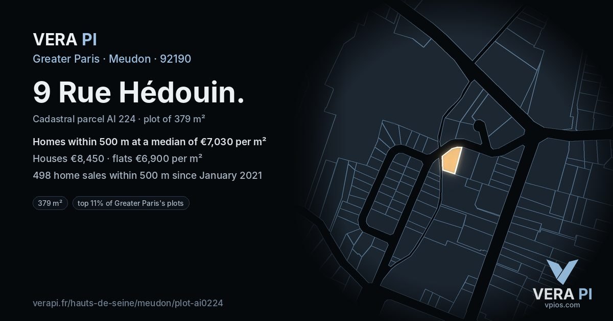 9 Rue Hédouin, Meudon at night – the plot lit, the parcels around coloured by the prices near them