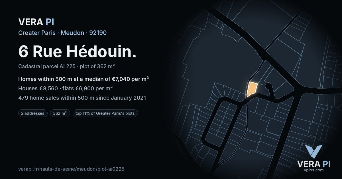 6 Rue Hédouin, Meudon at night – the plot lit, the parcels around coloured by the prices near them
