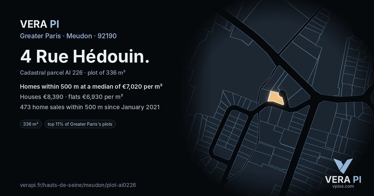 4 Rue Hédouin, Meudon at night – the plot lit, the parcels around coloured by the prices near them