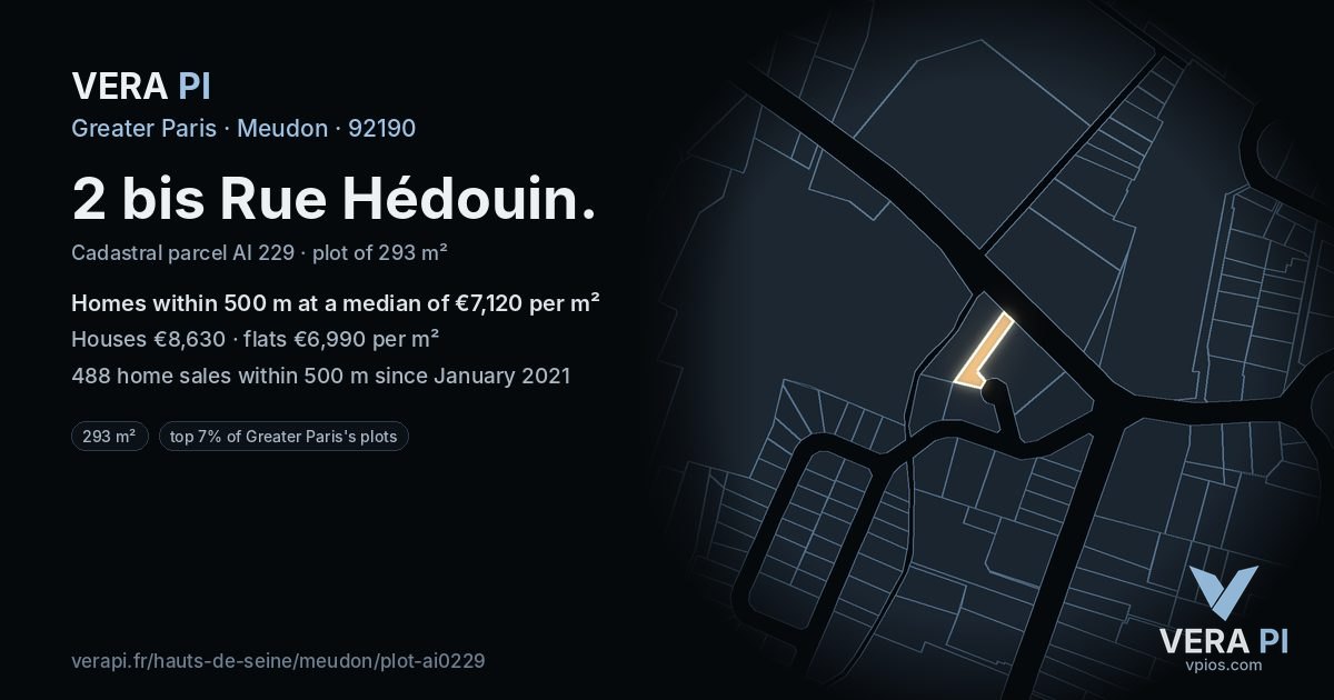 2 bis Rue Hédouin, Meudon at night – the plot lit, the parcels around coloured by the prices near them