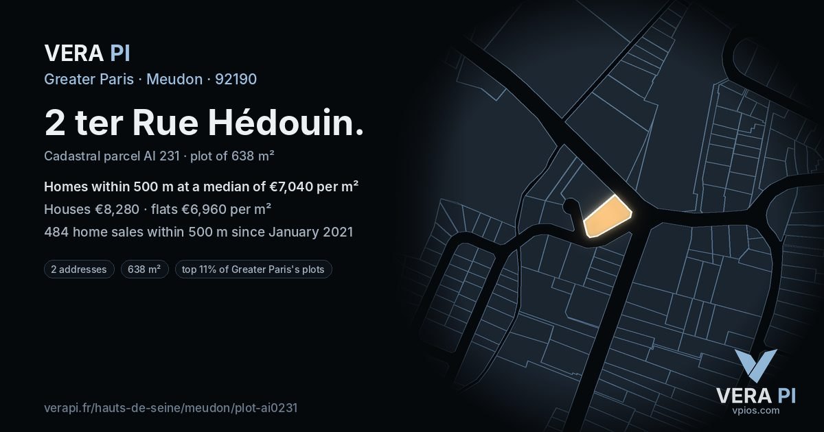 2 ter Rue Hédouin, Meudon at night – the plot lit, the parcels around coloured by the prices near them