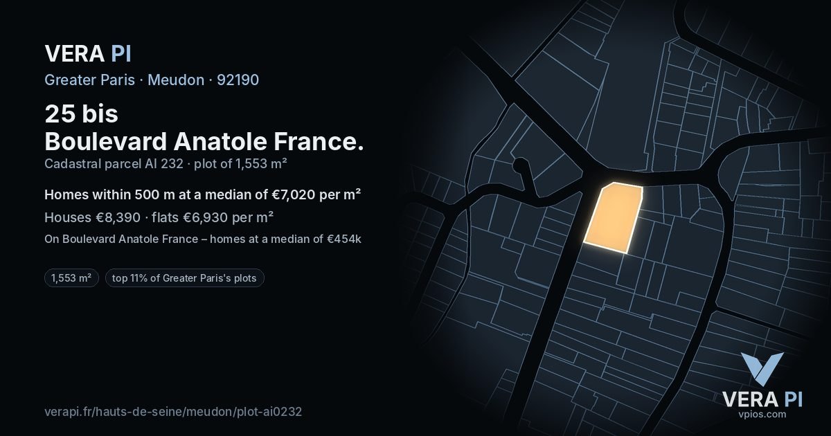 25 bis Boulevard Anatole France, Meudon at night – the plot lit, the parcels around coloured by the prices near them
