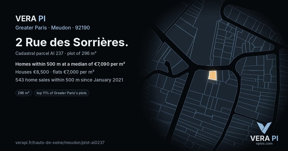2 Rue des Sorrières, Meudon at night – the plot lit, the parcels around coloured by the prices near them