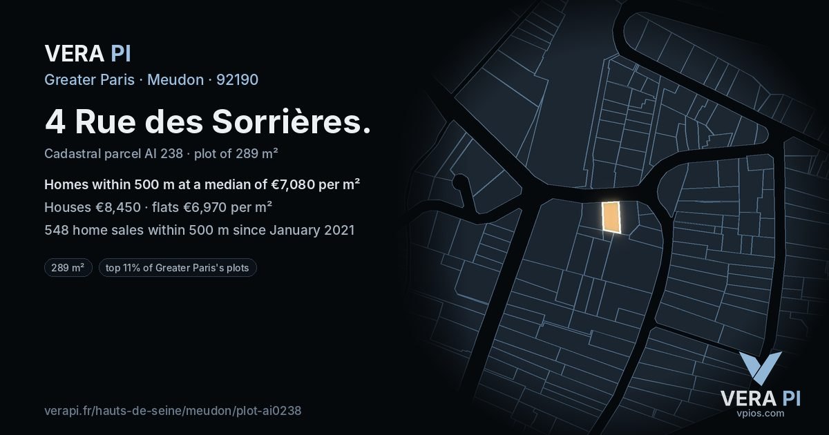4 Rue des Sorrières, Meudon at night – the plot lit, the parcels around coloured by the prices near them