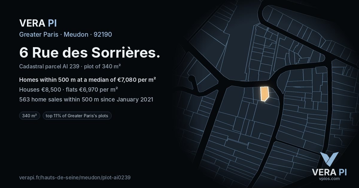 6 Rue des Sorrières, Meudon at night – the plot lit, the parcels around coloured by the prices near them