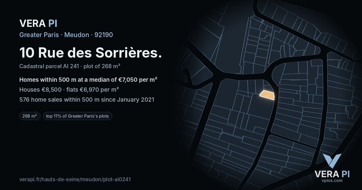 10 Rue des Sorrières, Meudon at night – the plot lit, the parcels around coloured by the prices near them