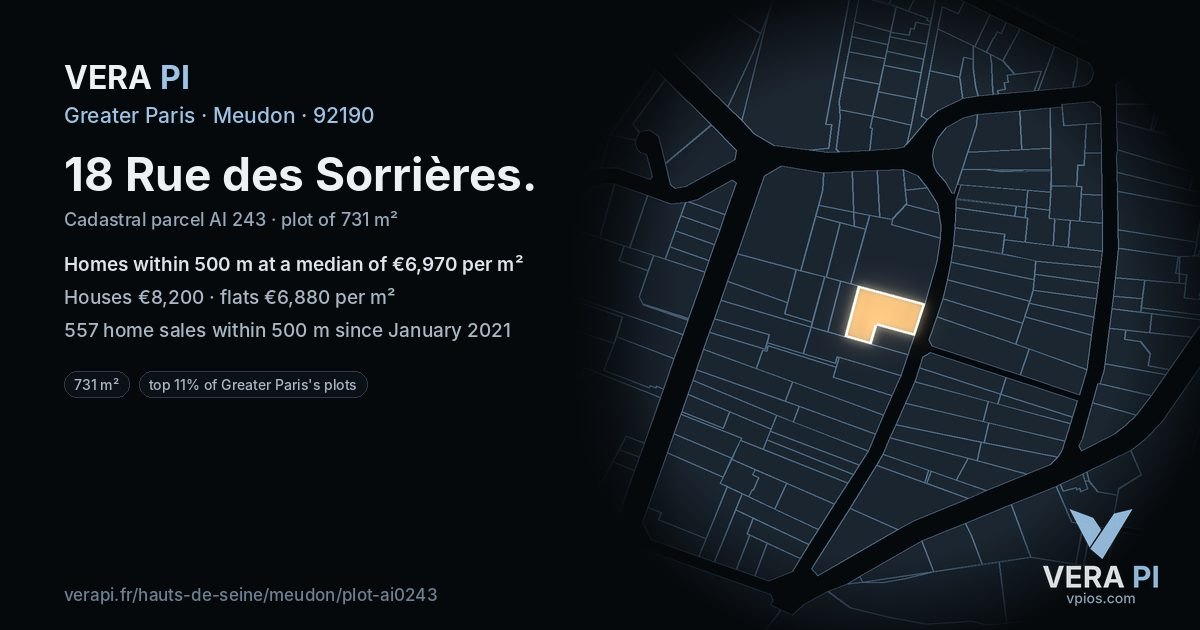 18 Rue des Sorrières, Meudon at night – the plot lit, the parcels around coloured by the prices near them