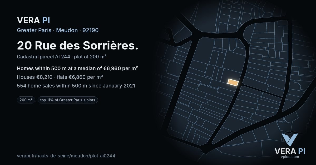 20 Rue des Sorrières, Meudon at night – the plot lit, the parcels around coloured by the prices near them
