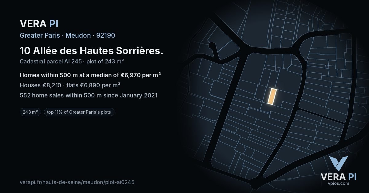 10 Allée des Hautes Sorrières, Meudon at night – the plot lit, the parcels around coloured by the prices near them