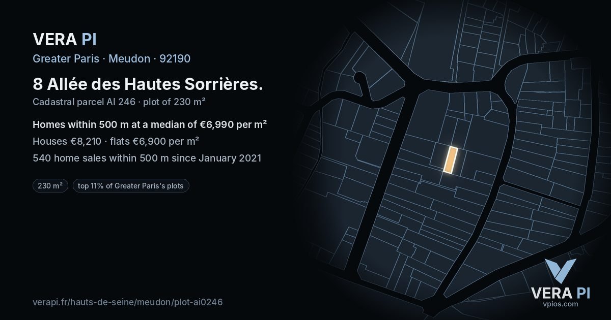 8 Allée des Hautes Sorrières, Meudon at night – the plot lit, the parcels around coloured by the prices near them