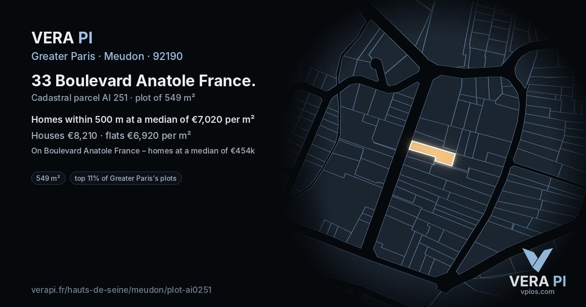 33 Boulevard Anatole France, Meudon at night – the plot lit, the parcels around coloured by the prices near them