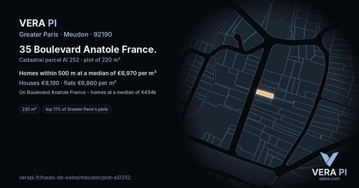 35 Boulevard Anatole France, Meudon at night – the plot lit, the parcels around coloured by the prices near them