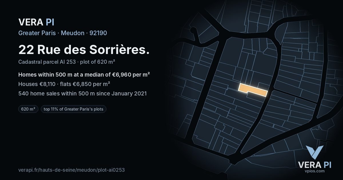 22 Rue des Sorrières, Meudon at night – the plot lit, the parcels around coloured by the prices near them