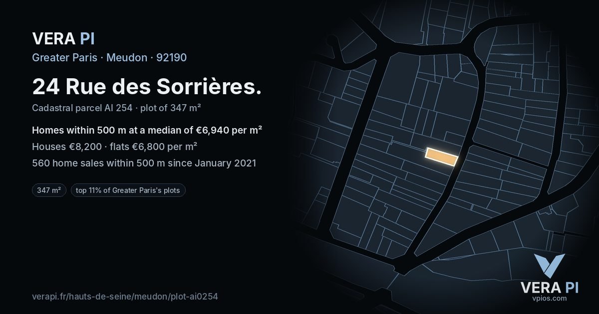 24 Rue des Sorrières, Meudon at night – the plot lit, the parcels around coloured by the prices near them