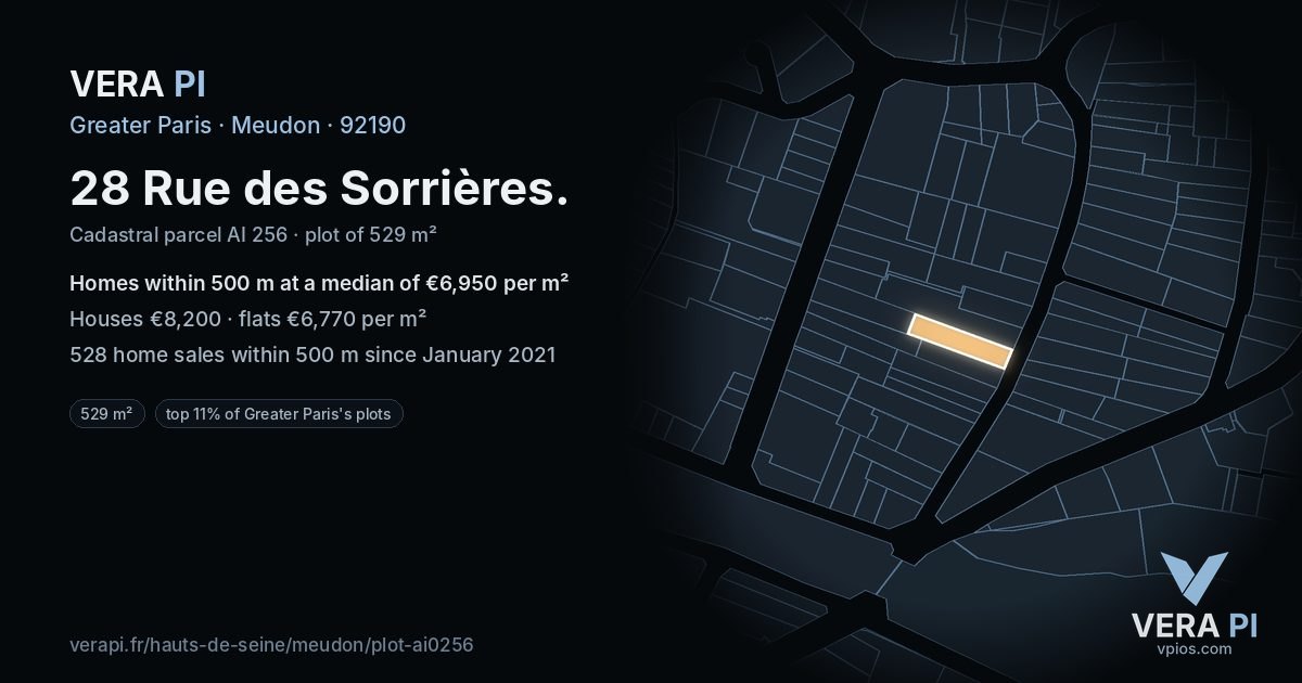 28 Rue des Sorrières, Meudon at night – the plot lit, the parcels around coloured by the prices near them