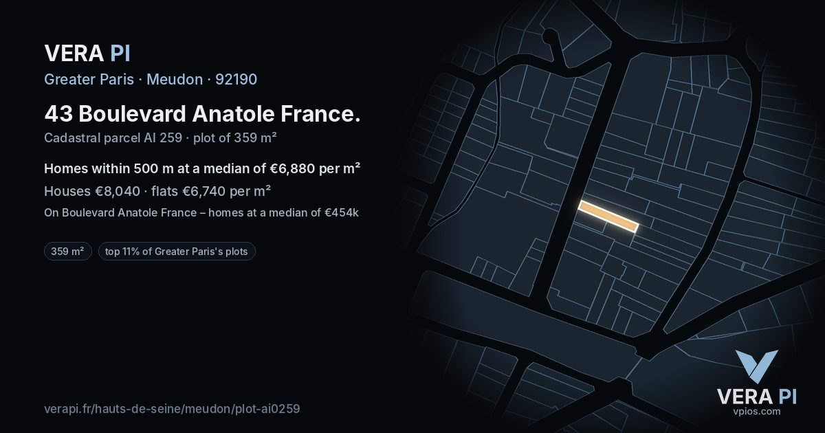 43 Boulevard Anatole France, Meudon at night – the plot lit, the parcels around coloured by the prices near them