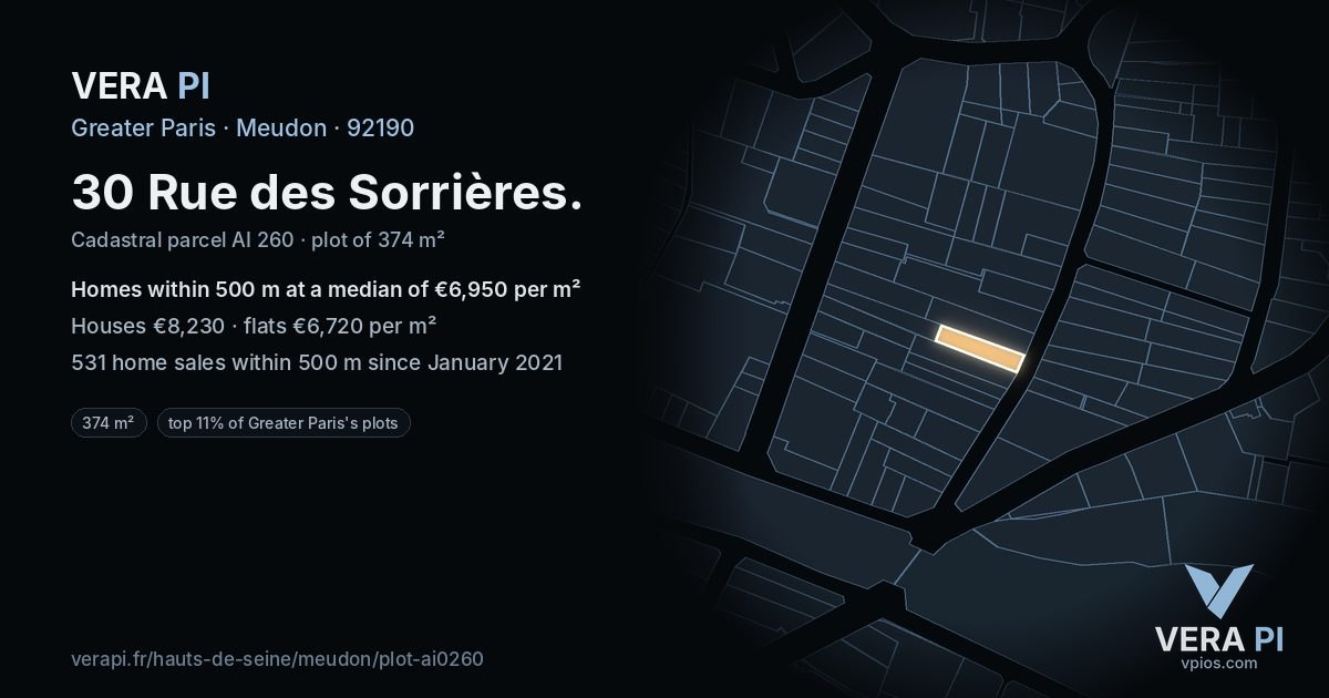 30 Rue des Sorrières, Meudon at night – the plot lit, the parcels around coloured by the prices near them