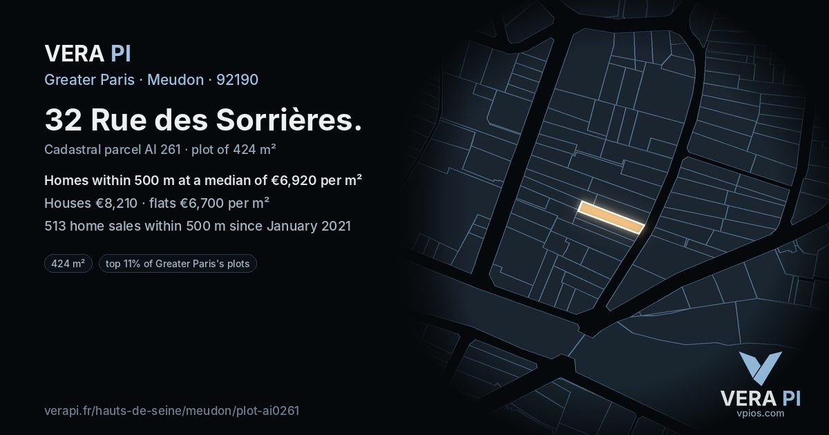 32 Rue des Sorrières, Meudon at night – the plot lit, the parcels around coloured by the prices near them