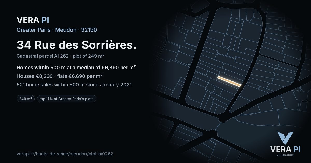 34 Rue des Sorrières, Meudon at night – the plot lit, the parcels around coloured by the prices near them