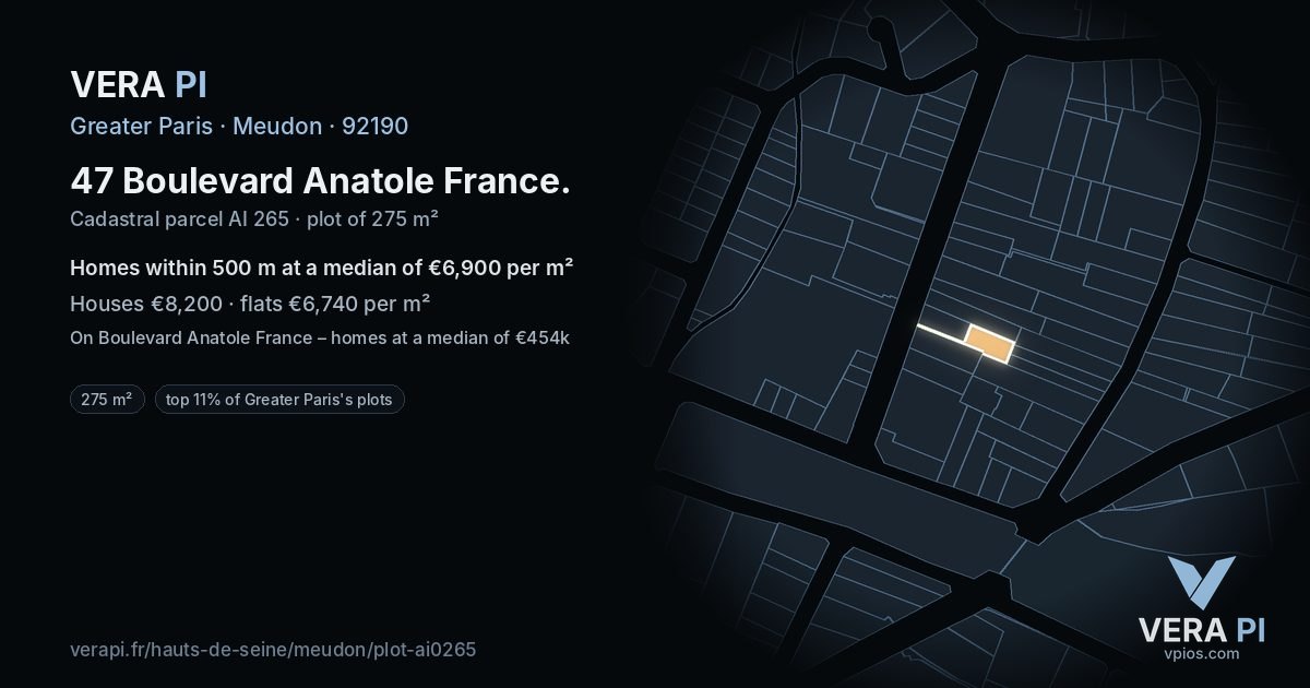47 Boulevard Anatole France, Meudon at night – the plot lit, the parcels around coloured by the prices near them