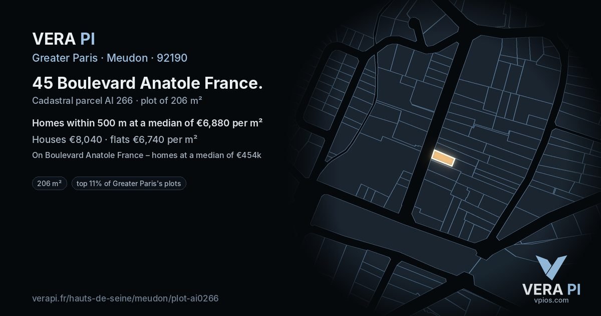 45 Boulevard Anatole France, Meudon at night – the plot lit, the parcels around coloured by the prices near them