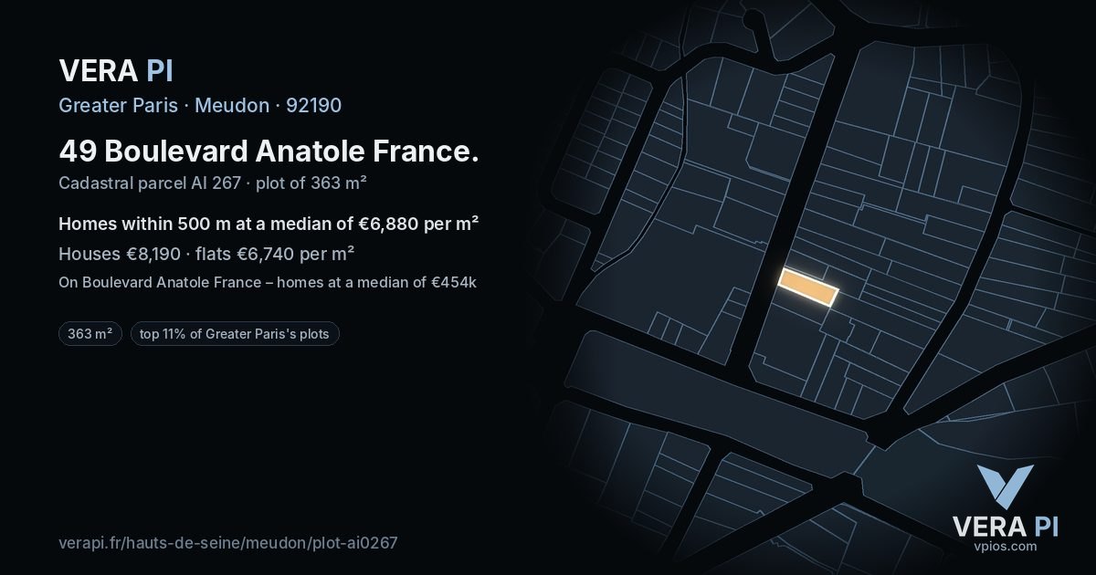 49 Boulevard Anatole France, Meudon at night – the plot lit, the parcels around coloured by the prices near them