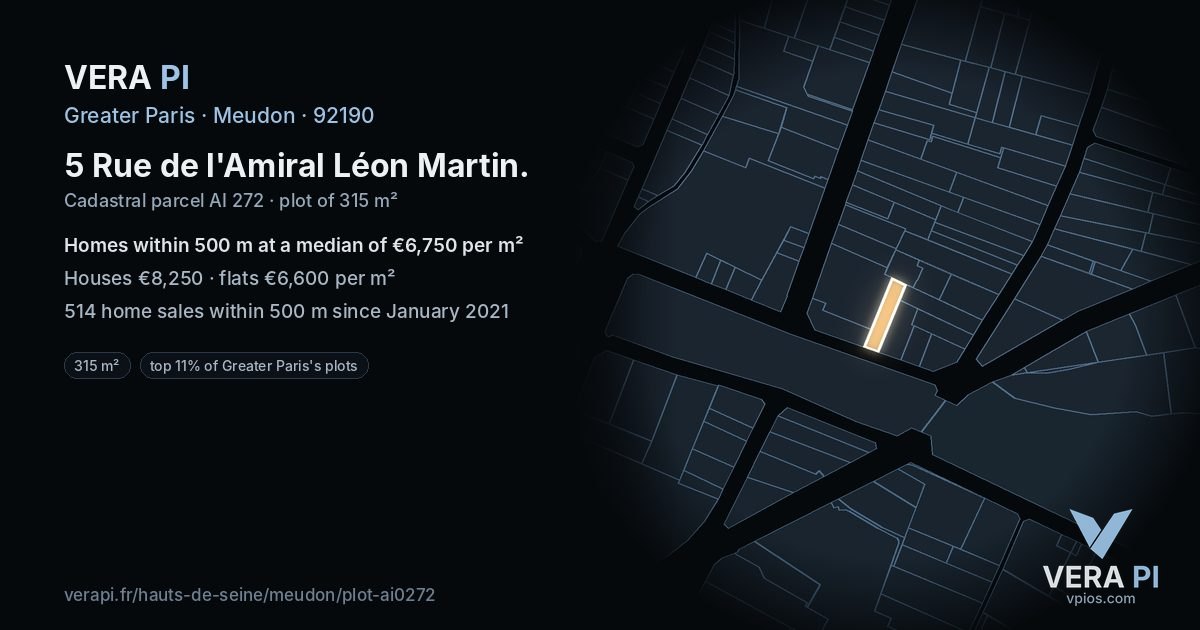 5 Rue de l'Amiral Léon Martin, Meudon at night – the plot lit, the parcels around coloured by the prices near them