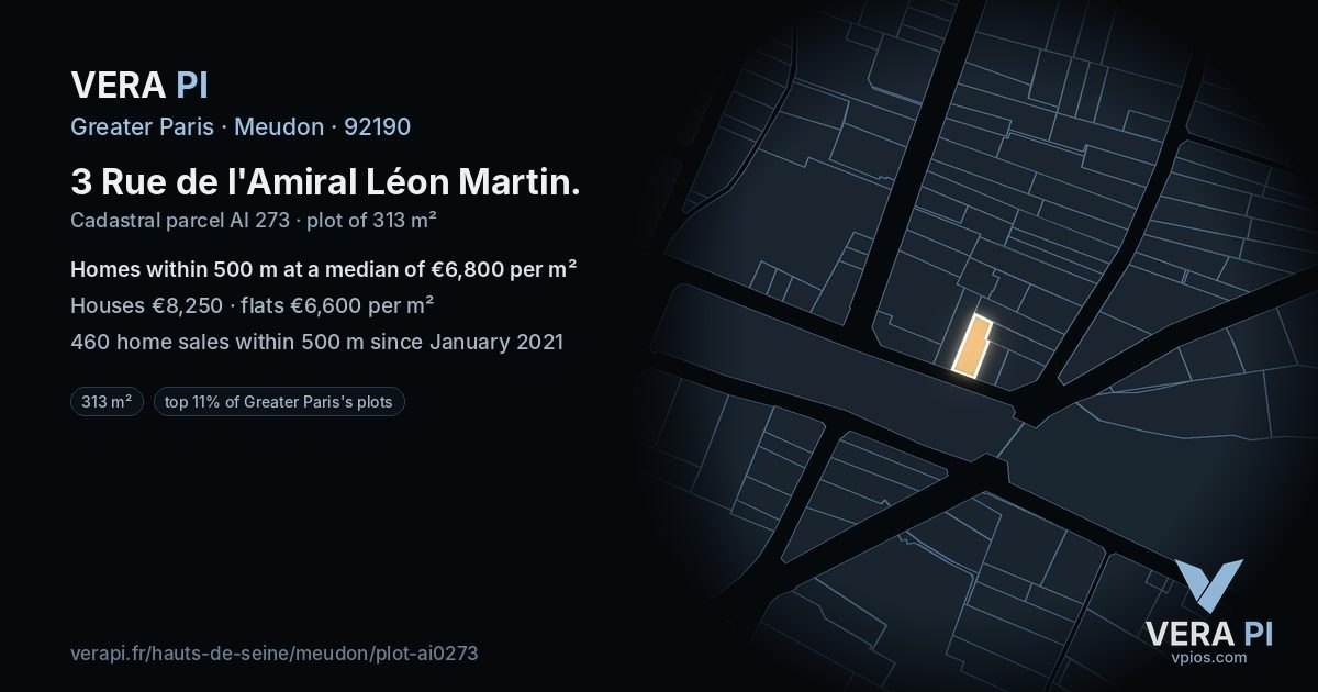 3 Rue de l'Amiral Léon Martin, Meudon at night – the plot lit, the parcels around coloured by the prices near them