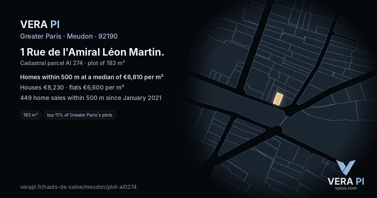 1 Rue de l'Amiral Léon Martin, Meudon at night – the plot lit, the parcels around coloured by the prices near them