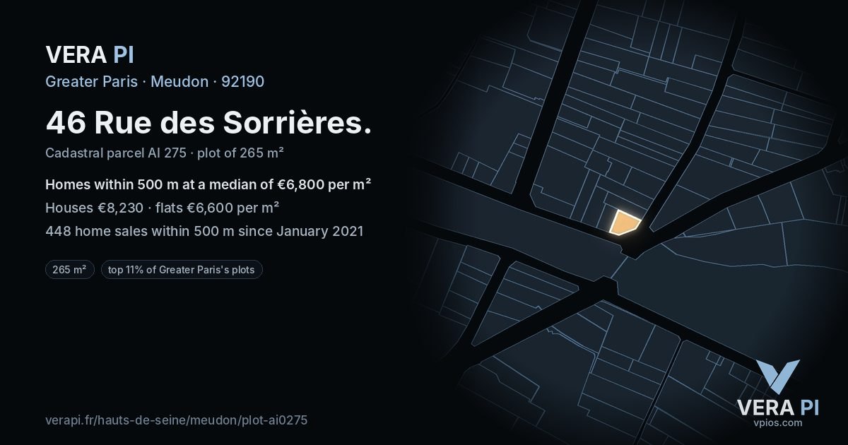 46 Rue des Sorrières, Meudon at night – the plot lit, the parcels around coloured by the prices near them