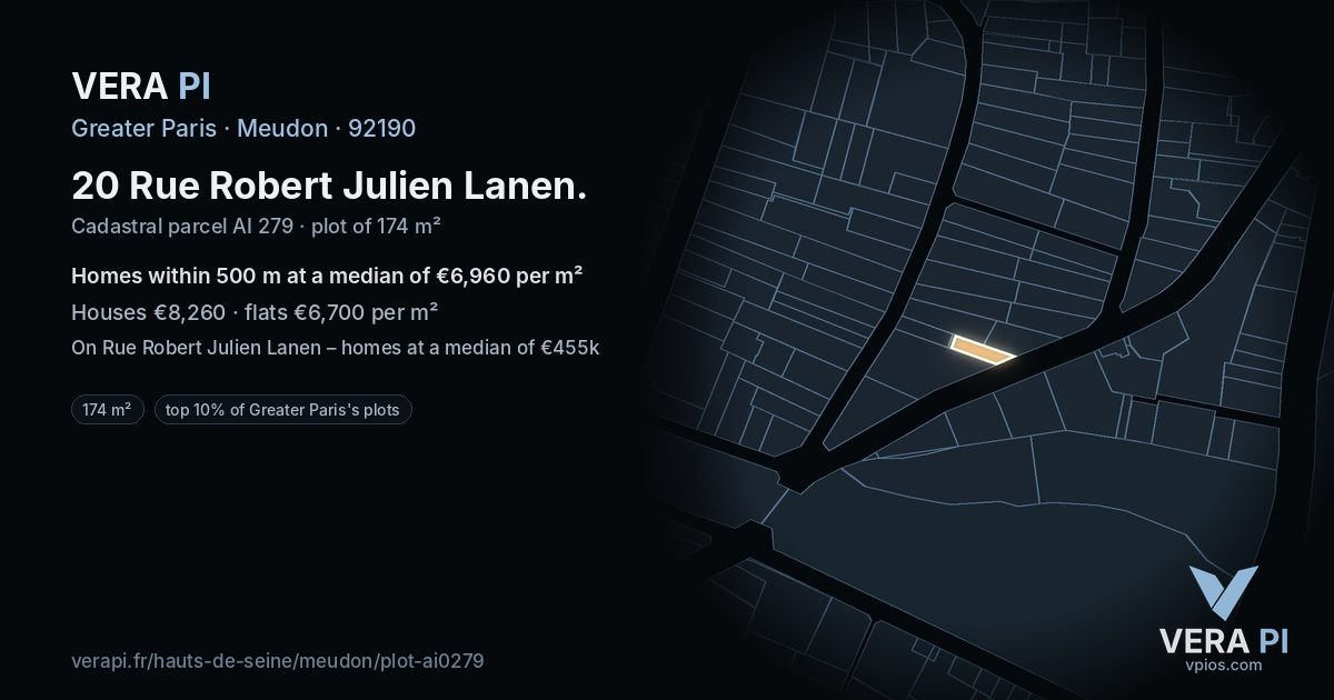 20 Rue Robert Julien Lanen, Meudon at night – the plot lit, the parcels around coloured by the prices near them