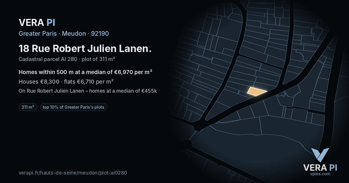 18 Rue Robert Julien Lanen, Meudon at night – the plot lit, the parcels around coloured by the prices near them