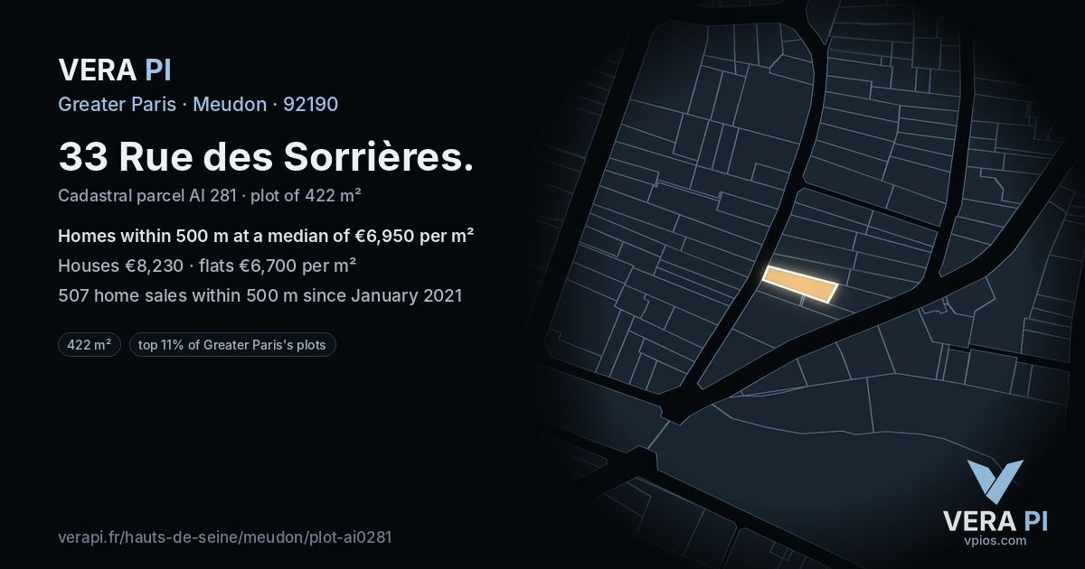 33 Rue des Sorrières, Meudon at night – the plot lit, the parcels around coloured by the prices near them