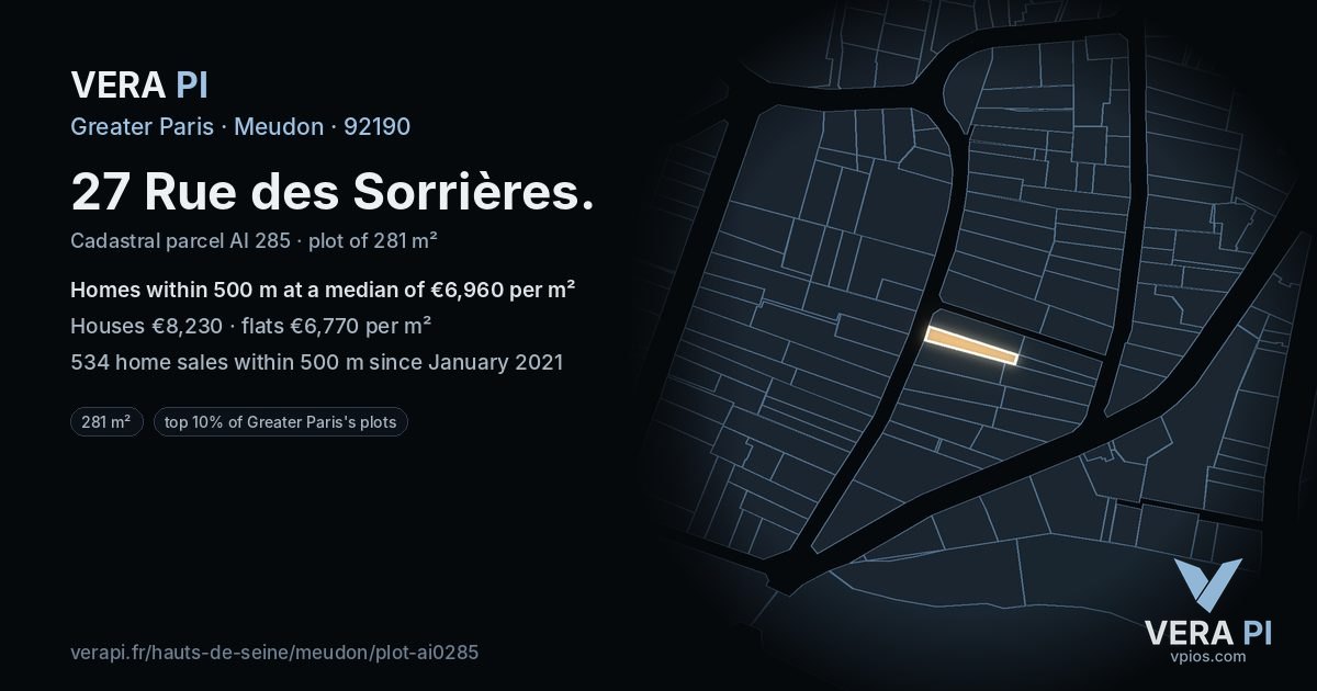 27 Rue des Sorrières, Meudon at night – the plot lit, the parcels around coloured by the prices near them
